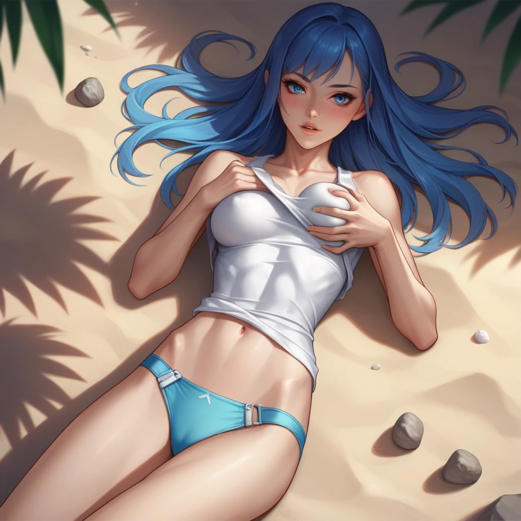 humanoid robot, 1girl, solo, tank top, panties, blue hair, long hair, (chinese ethnicity, chinese girl), robotic joints, medium breasts, white and grey skin, blue eyes, outdoors, beach, sunlight, day, silicone skin, synthetic skin,skinny, athletic, loose tank top, on back, on ground, from above, caressing breasts, breast grab, blushing, lips,