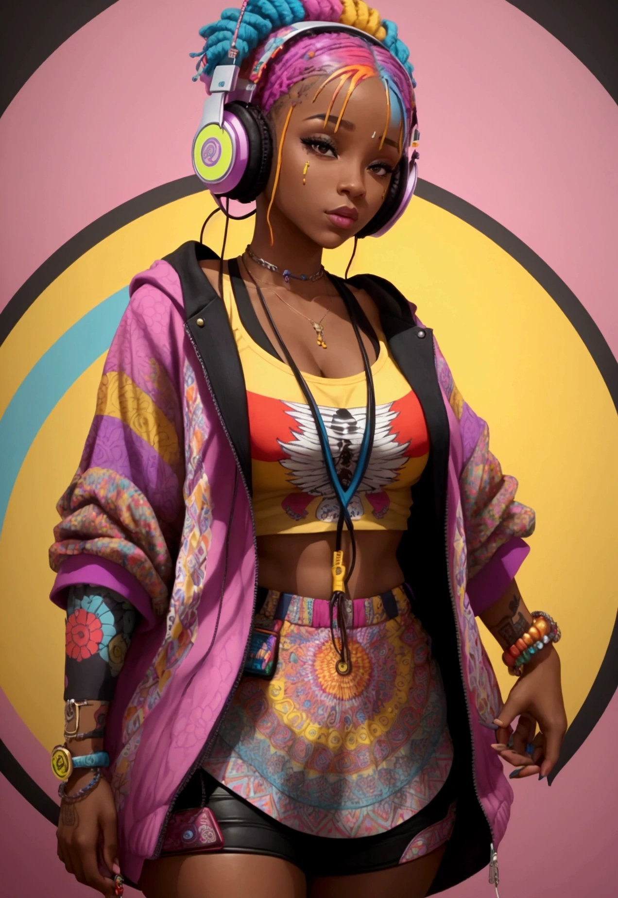 A unique and diverse image of a woman in the center, surrounded by vibrant colors and patterns, wearing a hip hop-inspired outfit and listening to music through her headphones.