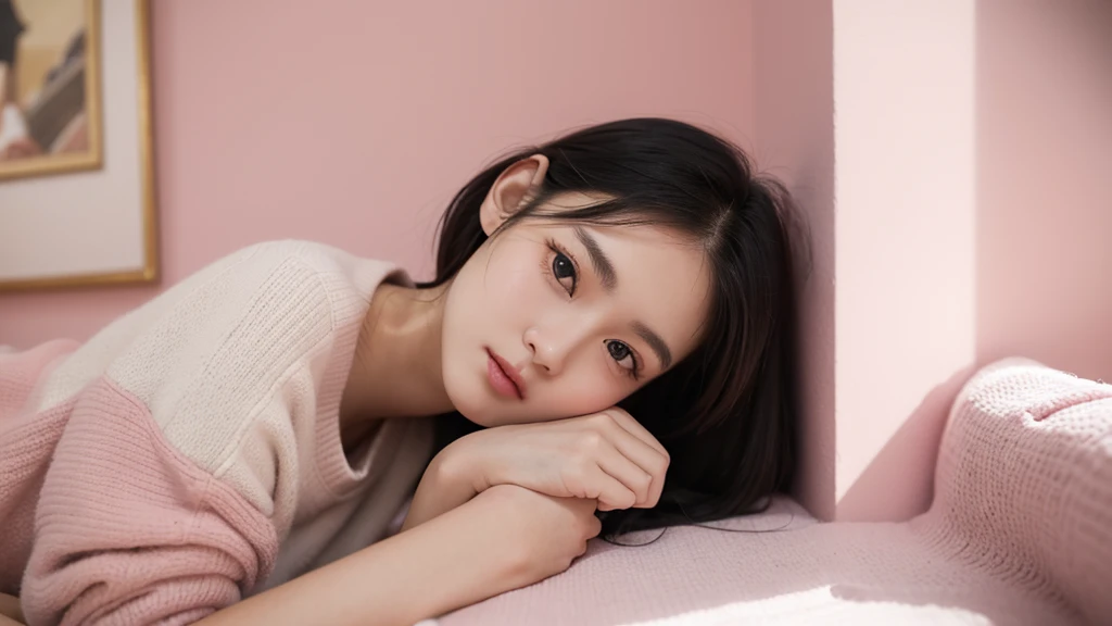 Small face, pretty 20 year old girl listening to music in a corner of a pink room, painting, detailed work, delicate, sense of depth, large room, cluttered, immersed, colorful, urban, city center, cutting edge, cat, black hair 


