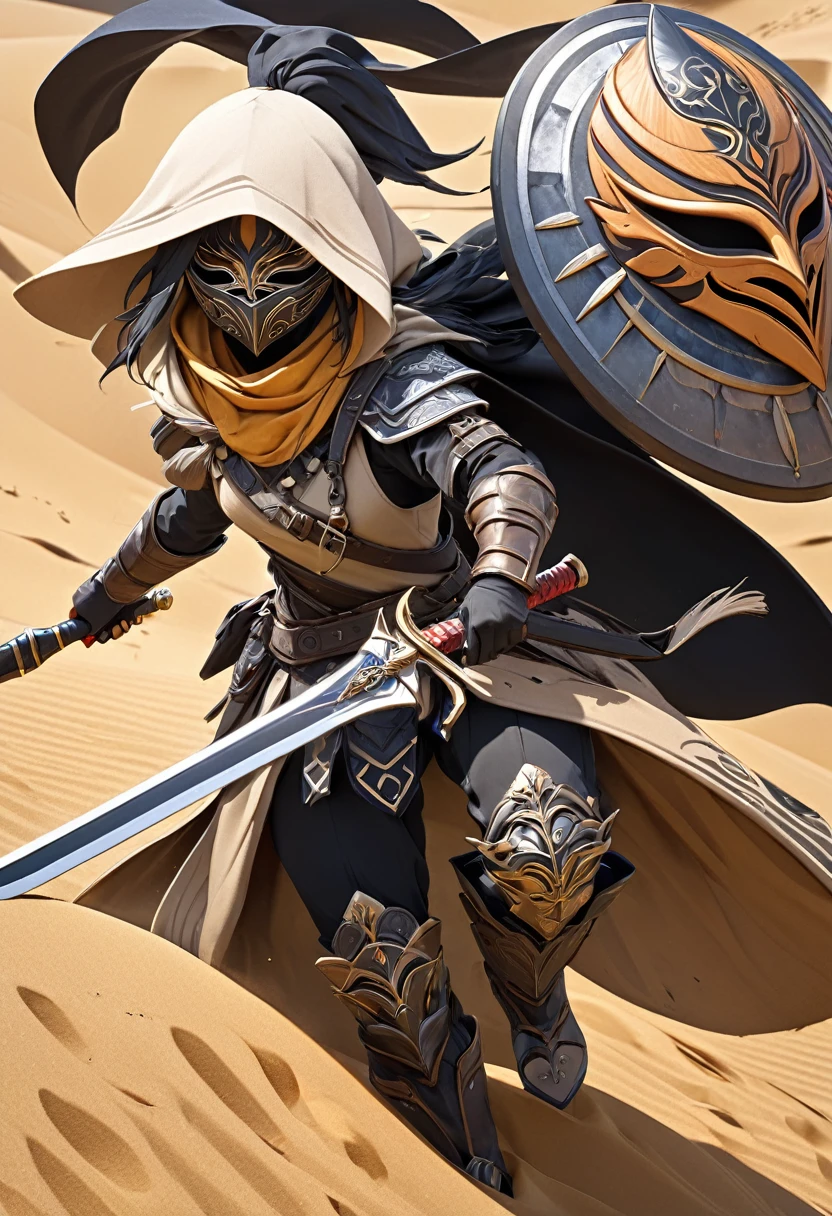 masterpiece, 8k, best quality, highly detailed, a mask & falchion of a sand bandit