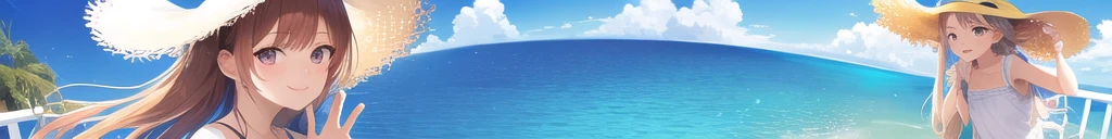 absurdres, 1girl, ocean, railing, white dress, sun hat, smile, (realistic:0.75), (waving:0.9),