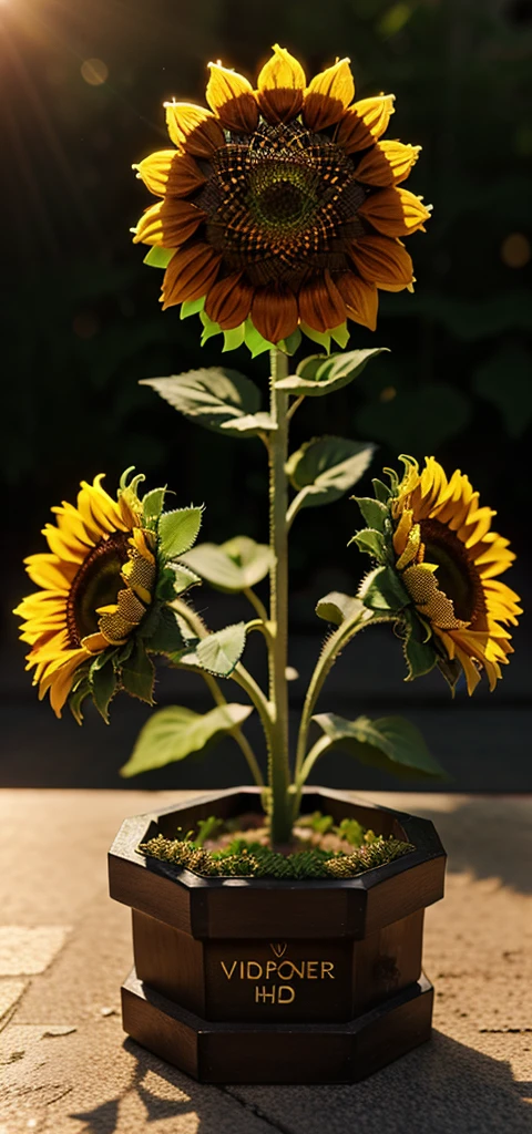 1.3d sunflower hdr, crystal shapes details, hyperdetailed:1.2), Vignette, centered, background blur, 4k ultra uhd, realizing realistic realism