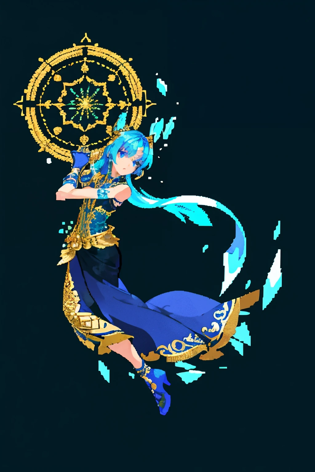 Sword, a captivating item of sapphire blue, glimmers under the soft light of twilight. Every curve and edge is meticulously crafted, showcasing the top quality of the artisan's skills. Pixelart detailing brings out the intricate patterns etched into the blade, contrasting beautifully with the rich, colorful background. The hilt, adorned with a small, circular gemstone, reflects light in a mesmerizing dance, adding to the overall allure of the weapon. A close-up of the head reveals the sharpness of the blade, its edge gleaming with an almost ethereal glow. The background features radial lines, accentuating the