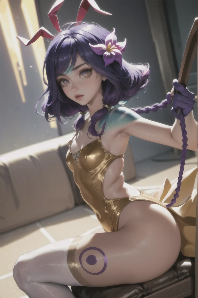 ((Cinematic light, Best quality, 8k, Masterpiece :1.3)), 1girl, Beautiful woman with thin abs :1.4, (purple hair, small breasts :1.3), rope panties, bra :1.2, hopefully falling, seductive open lips, sofa, ultra-detailed face, detailed eyes, double eyelidwork, best quality, Neeko, hair ornaments, hair flower, body paint, calango tail, trying to be sexy,(( golden bunnysuit)), showing sweaty armpits, steamy, teasing, golden see-through pantyhose, tight, undersized clothes
