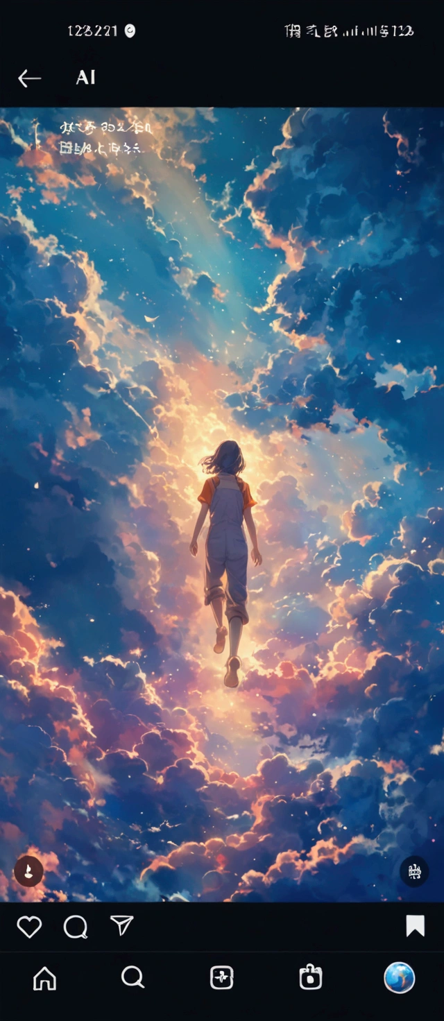 "A lone figure with short hair floats upward through a breathtaking sky filled with vibrant, fluffy clouds. The clouds are illuminated with stunning hues of orange, pink, and blue, creating a dreamlike and ethereal atmosphere. The sky features deep, rich blues transitioning to lighter shades near the light source. The path of light breaking through the clouds casts a golden glow, highlighting the figure's silhouette. The overall mood is serene and wondrous, capturing the essence of ascending to a magical, otherworldly realm. The colors and shades are vibrant and richly detailed, with the light interplay creating a mesmerizing, heavenly effect."