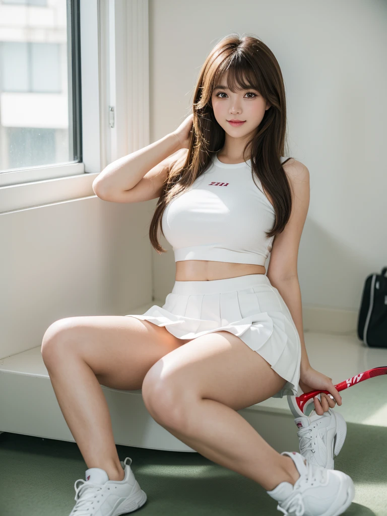 White tennis wear、tennis racket、Tennis ball、Tennis court、(Highest quality)、((Very detailed))、4K、(8k)、masterpiece、Very detailedな、Highest quality、Super Resolution、1 person、Kind Face、A little smile, Soft Light、RAW quality、Soft Skin、152cm、20-year-old girl、Cute type，Big Natural Color Lip， Bold sexy pose, (Perfect figure), Beautiful feet, Voluptuous thighs、Soft long hair, bangs, Brown Hair, 1 personの女の子, Highest Resolution, Big and cute eyes, A clear double, White pleated micro mini skirt, Voluptuous thighs, plump big breasts, I&#39;m a little sweaty, I can see your pants, Beautiful pussy line, 