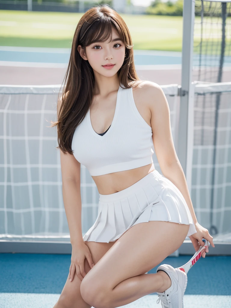 White tennis wear、tennis racket、Tennis ball、Tennis court、(Highest quality)、((Very detailed))、4K、(8k)、masterpiece、Very detailedな、Highest quality、Super Resolution、1 person、Kind Face、A little smile, Soft Light、RAW quality、Soft Skin、152cm、20-year-old girl、Cute type,Big Natural Color Lip, Bold sexy pose, (Perfect figure), Beautiful feet, Voluptuous thighs、Soft long hair, bangs, Brown Hair, 1 personの女の子, Highest Resolution, Big and cute eyes, A clear double, White pleated micro mini skirt, Voluptuous thighs, plump big breasts, I'm a little sweaty, I can see your pants, Beautiful pussy line,