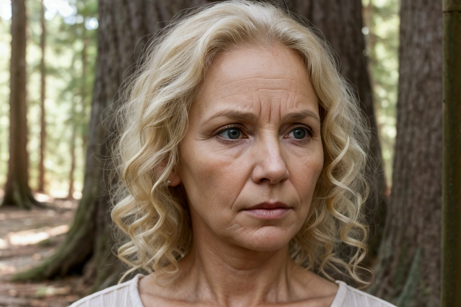 adult woman face, 
blonde, white skin color, blonde colored curly hair, age 50 years old, pensive, reflecting, praying fervently, looking at the forest