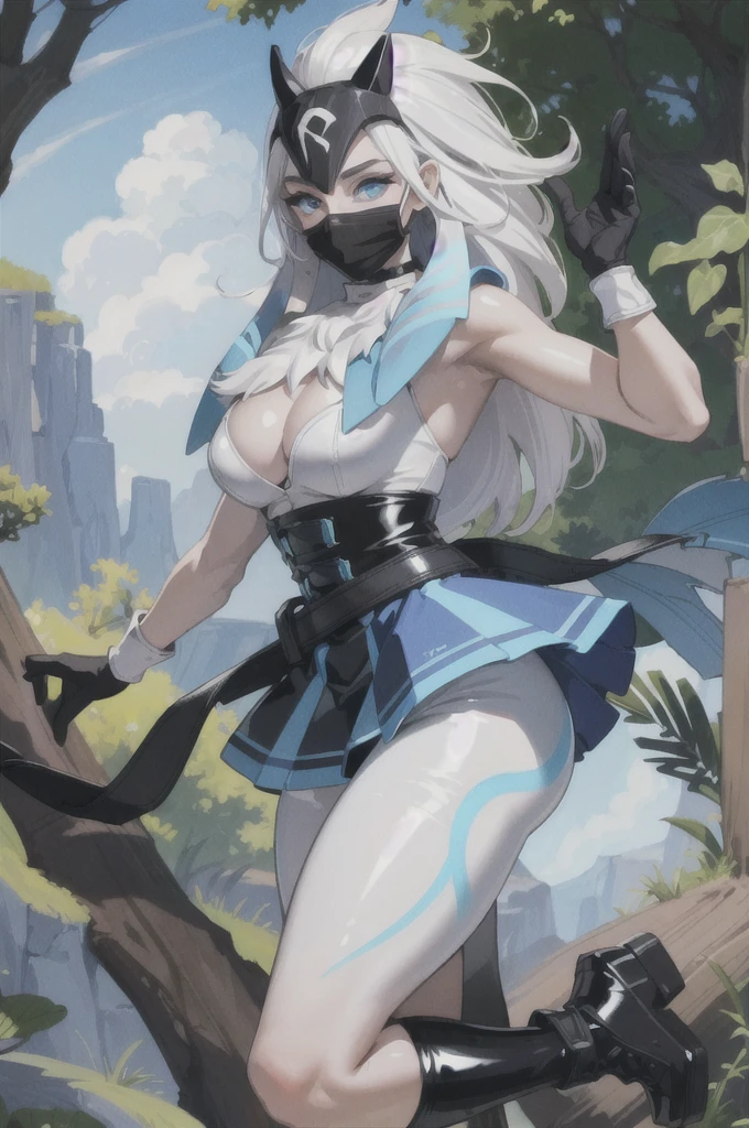 ((Cinematic light, Best quality, 8k, Masterpiece :1.3)), 1girl, Beautiful woman, (white hair, large breasts:1.3), rope panties, bra :1.2, hopefully falling, seductive open lips,1girl, standing, full body, hairy female, body hair, (white hair, white skin:1.1), chest tuft, digitigrade, white hair, long hair, black mask, (blue eyes, bright eyes:1.4), small breasts, BREAK nature, jungle, magical forest, fantasy forest, grass, purple leaves, plants, bright flowers, rocks, day, sexy, showing off, showing armpits, ((nsfw)), ((sexual teasing)), ((((tight latex skirt))), (((mask covering part of the face))), ((thin waist)), skinny, bodycon,