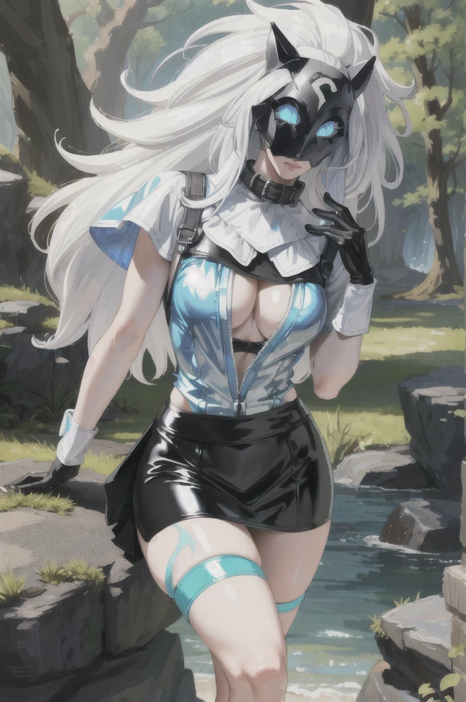 ((Cinematic light, Best quality, 8k, Masterpiece :1.3)), 1girl, Beautiful woman, (white hair, large breasts:1.3), rope panties, bra :1.2, hopefully falling, seductive open lips,1girl, standing, full body, hairy female, body hair, (white hair, white skin:1.1), chest tuft, digitigrade, white hair, long hair, black mask, (blue eyes, bright eyes:1.4),  small breasts, BREAK nature, jungle, magical forest, fantasy forest, grass, purple leaves, plants, bright flowers, rocks, day, sexy, showing off, showing armpits, ((nsfw)), ((sexual teasing)), ((((tight latex skirt))), (((mask covering part of the face))), ((thin waist)), skinny, bodycon, 