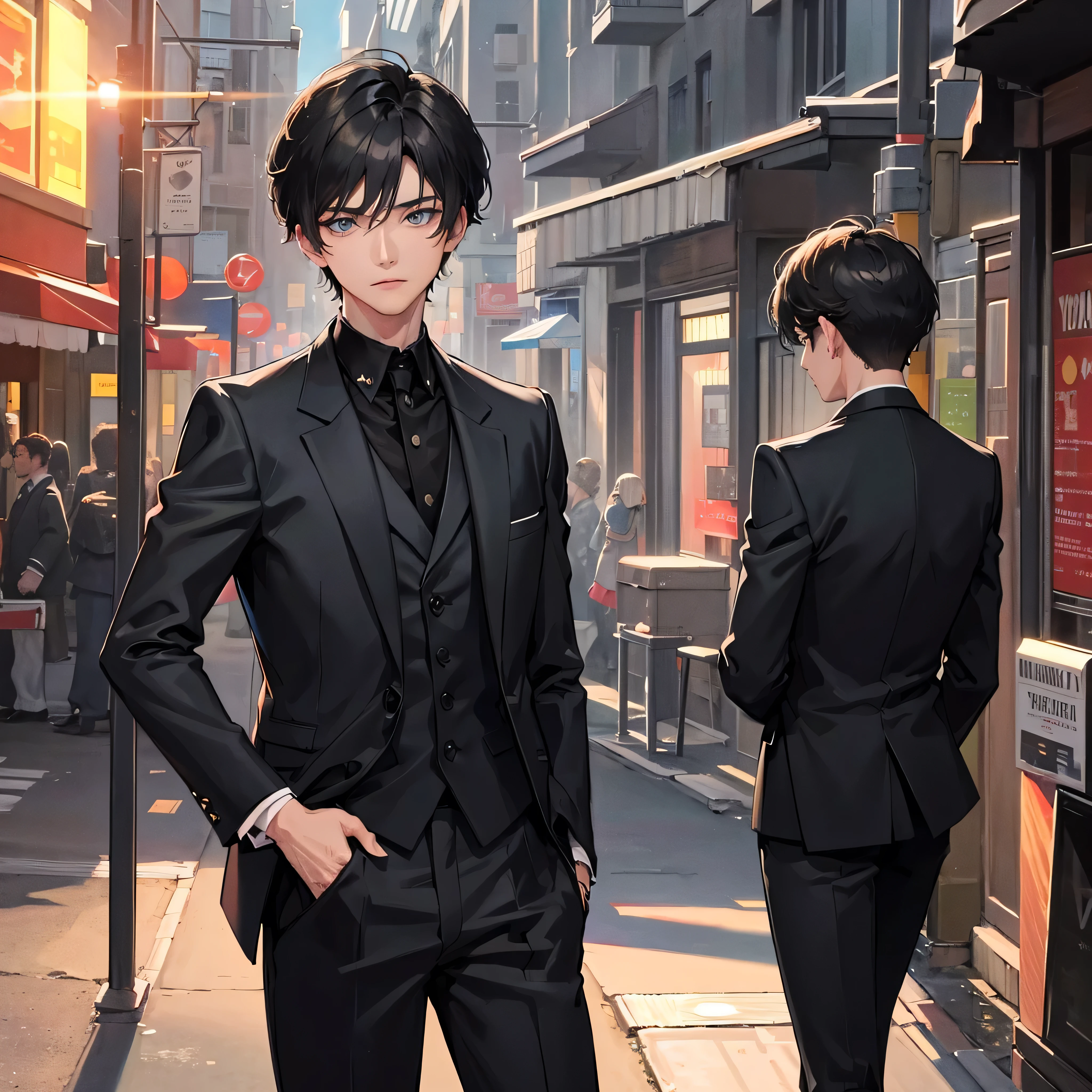 1boy, short black hair, light blue eyes, wearing all black suits, street, sunset, high res, ultrasharp, 8k, masterpiece, looking at viewer from behind
