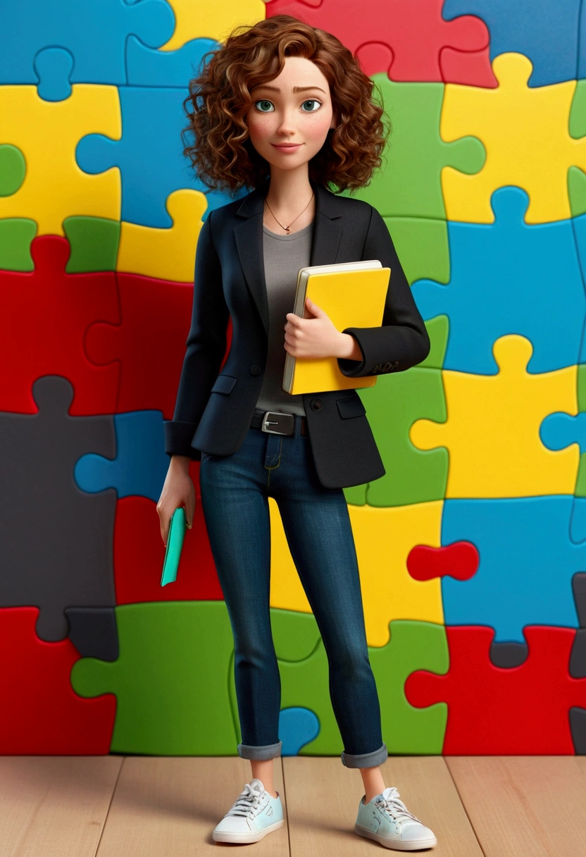 3D PIXAR STYLE POSTER. woman 36 years old, with light skin, MEDIUM BROWN HAIR curly with lighter highlights , cerulean colored eyes, black blazer, black jeans pants, gray shirt, White sneakers, notebook in hand, BACKGROUND WITH RED PUZZLE, cerulean, green and yellow.