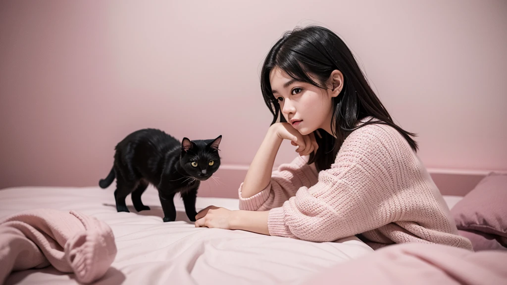 Small face, pretty 20 year old girl listening to music in a corner of a pink room, painting, detailed work, delicate, sense of depth, large room, cluttered, immersed, colorful, urban, city center, cutting edge, cat, black hair