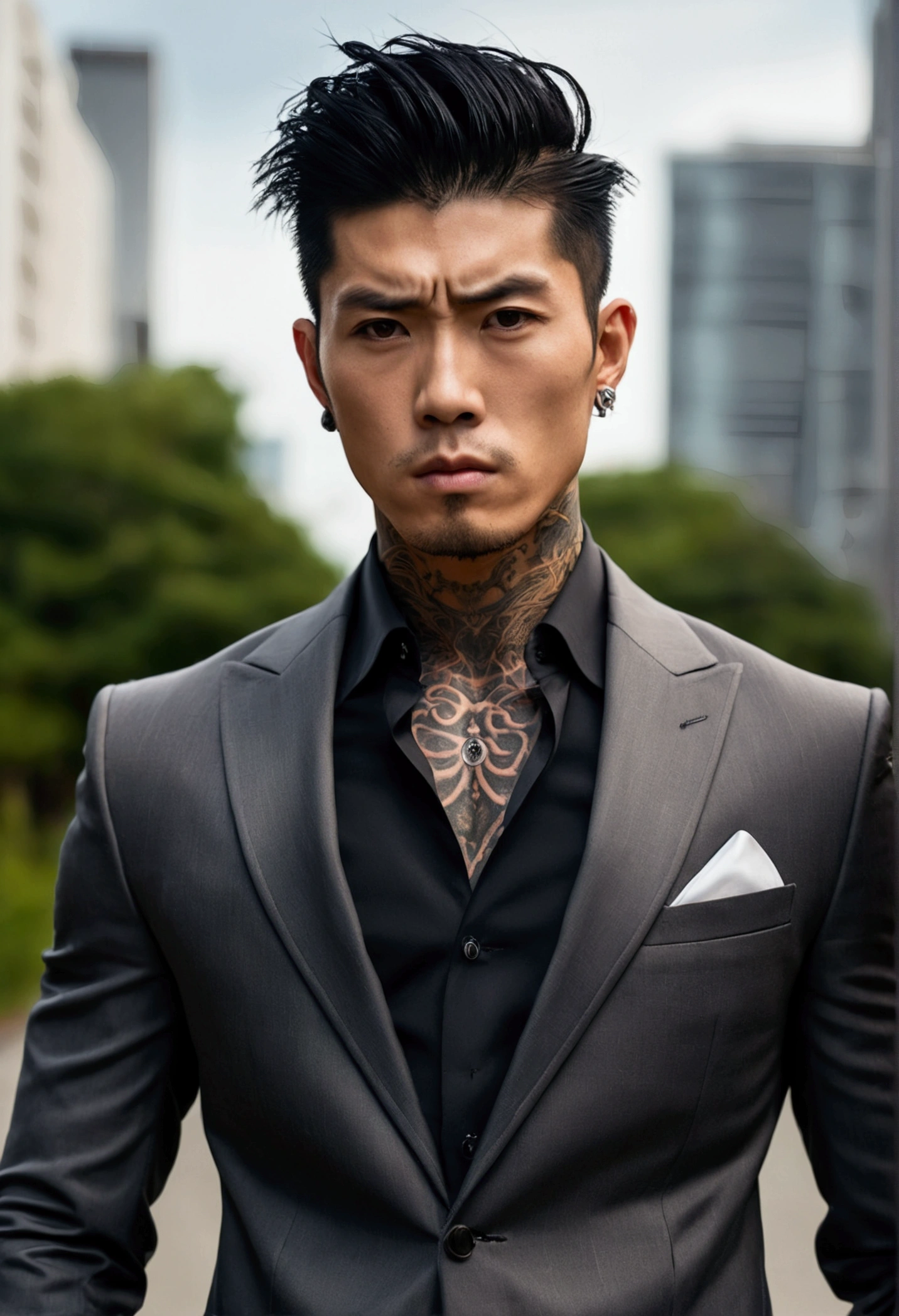 Japanese bad boy man, model style , in a suit with a few buttons open on his muscular chest,showing his tattoo that runs up his neck. With intense brown eyes . And short black hair combed back.