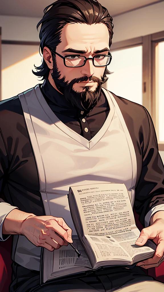 Christian man, reading a bible, with a short beard, and glasses.