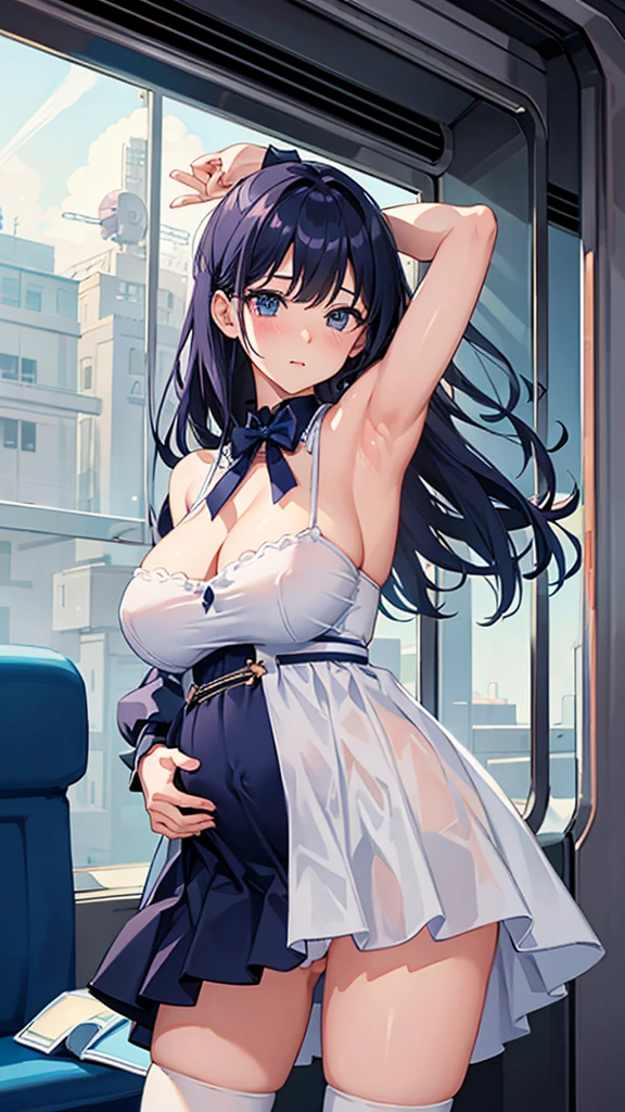 Highest quality、Highest quality、Huge super 、Cleavage、A fawning expression、high school girl、Armpit、pregnancy、vagina、Thighs、Knee socks、Armpit見せ、両Armpit見せ、Close-up、train、Armpitチラ、Absolute area、seat