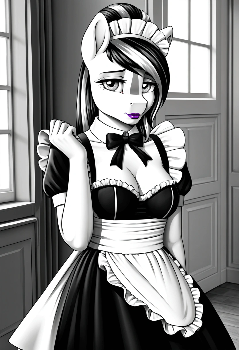 My little pony, (anthro), ((maid uniform)), ((two-tone hair black and white)), pale white body, gray eyes, medium breasts, purple lips, perfect lines, heart cutie mark, beautiful quality, more details, room, shy