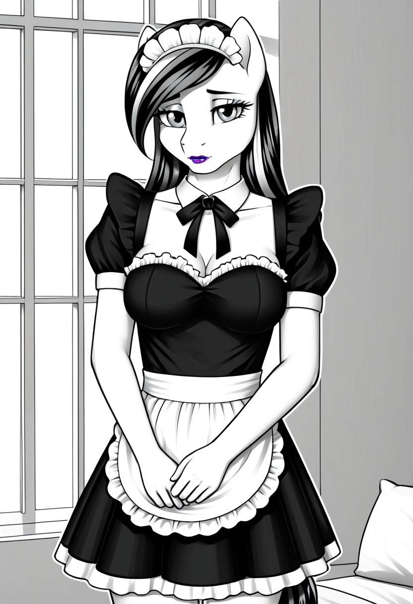 My little pony, (anthro), ((maid uniform)), ((two-tone hair black and white)), pale white body, gray eyes, medium breasts, purple lips, perfect lines, heart cutie mark, beautiful quality, more details, room, shy