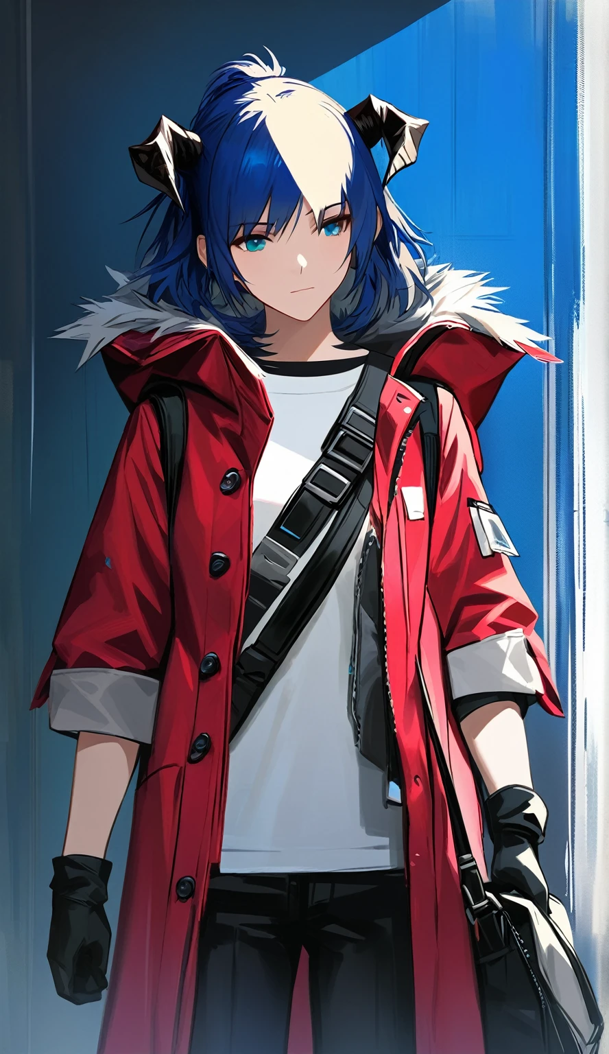 (woman), ((Mostima from arknights)), masterpiece, best quality, blue hair, ((short hair)), ((pony tail hair)), horns, plain white shirt, red fullbody coat, dark blue eyes, realistic anime style, faint smile, ((portrait)), black gloves, carring a bag.