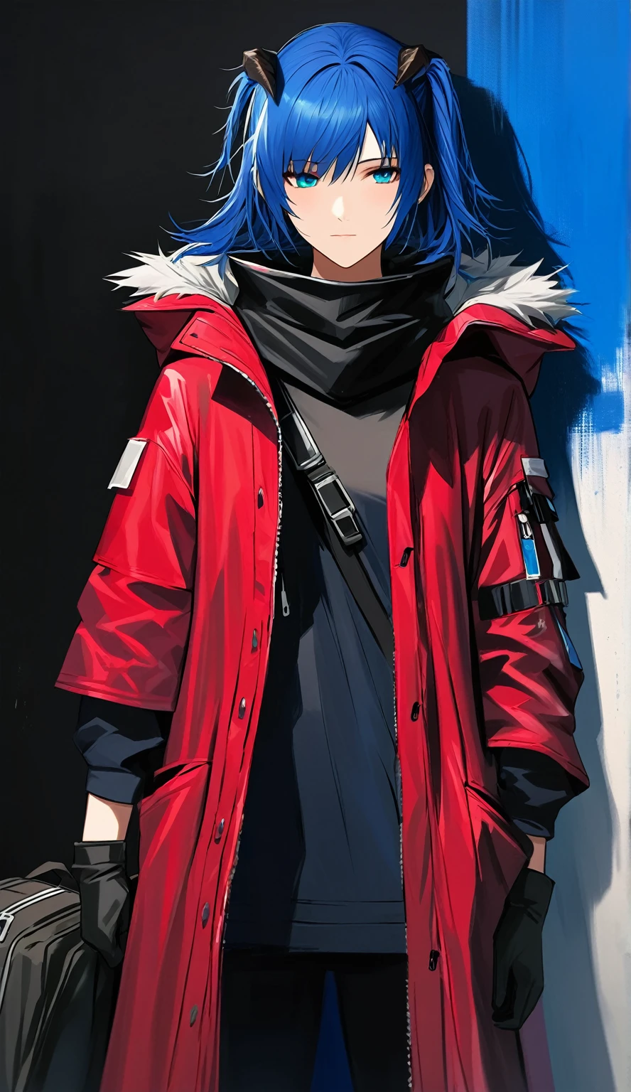 (woman), ((Mostima from arknights)), masterpiece, best quality, blue hair, ((short hair)), ((pony tail hair)), horns, plain white shirt, red fullbody coat, dark blue eyes, realistic anime style, faint smile, ((portrait)), black gloves, carring a bag.