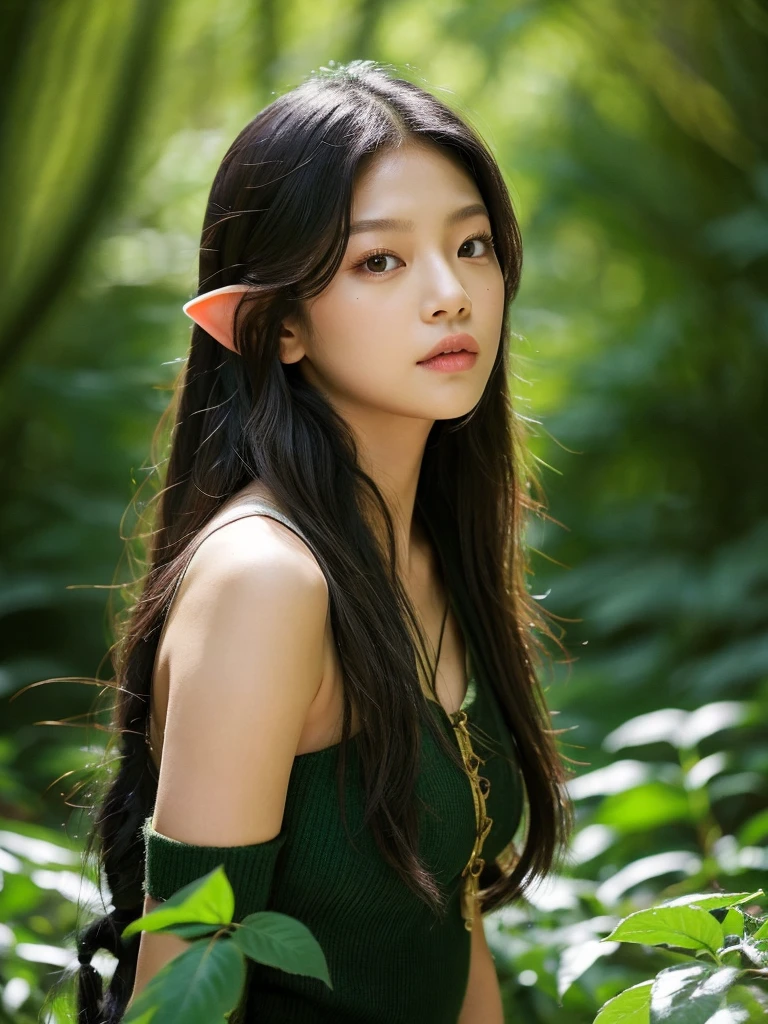 Create an image of Kim Jennie from blackpink. In a lush forest with dark colors. Raven haired, with hair behind the shoulders and short, dressed as an elf. Preferably busty and not too remote. 