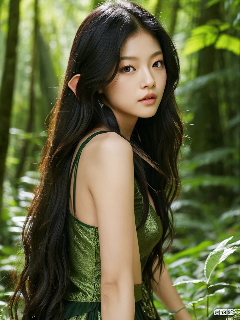 Create an image of Kim Jennie from blackpink. In a lush forest with dark colors. Raven haired, with hair behind the shoulders and short, dressed as an elf. Preferably busty and not too remote.