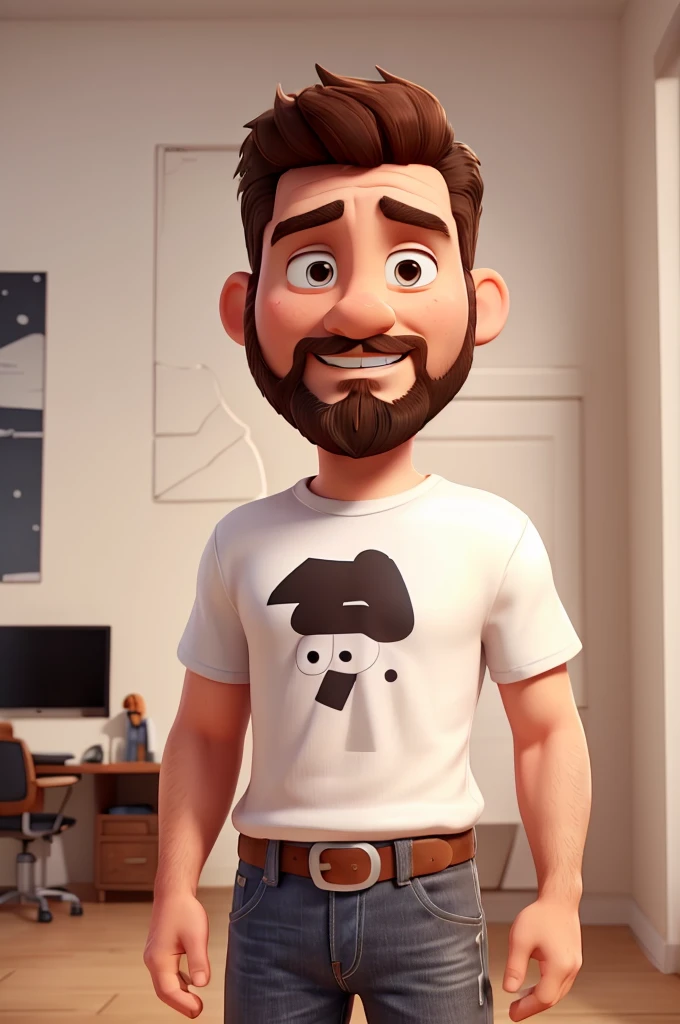 white man, 40 years old, short beard, short messy brown hair, white t-shirt, jeans, black sneakers with white stripes, high definition, Pixar 3D style, 16k