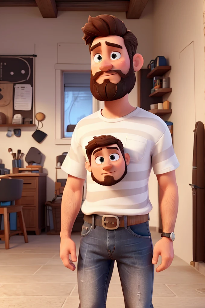 white man, 40 years old, short beard, short messy brown hair, white t-shirt, jeans, black sneakers with white stripes, high definition, Pixar 3D style, 16k