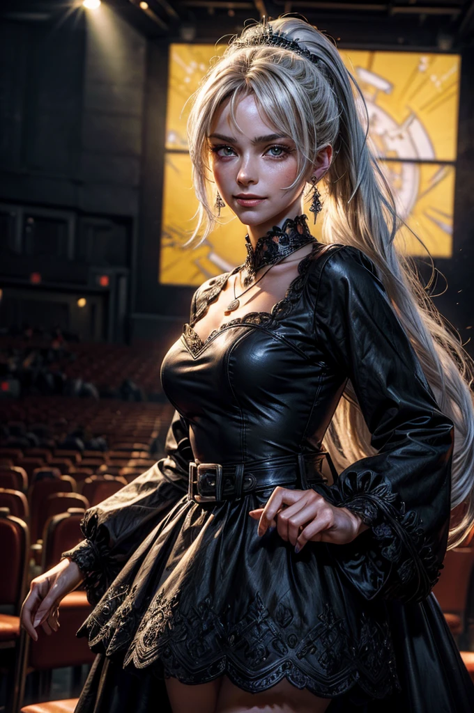 (masterpiece, best quality:1.2), cowboy shot, weissvale, smile, closed mouth,  looking at viewer, long white hair, side ponytail, scar above eye, scar below eye, black gala dress,  jewelry, necklace, earrings, future_urban, standing in theater, holding microphone, orchestra, audience, crowd, (volumetric lighting), intricate details, tonemapping, sharp focus, hyper detailed 