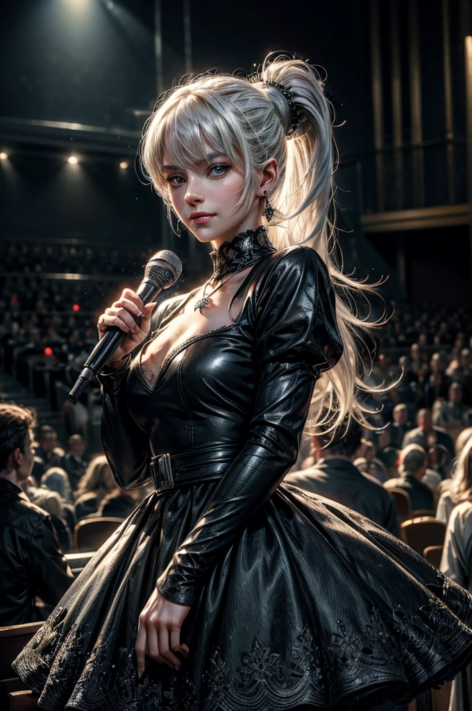 (masterpiece, best quality:1.2), cowboy shot, weissvale, smile, closed mouth,  looking at viewer, long white hair, side ponytail, scar above eye, scar below eye, black gala dress,  jewelry, necklace, earrings, future_urban, standing in theater, holding microphone, orchestra, audience, crowd, (volumetric lighting), intricate details, tonemapping, sharp focus, hyper detailed 