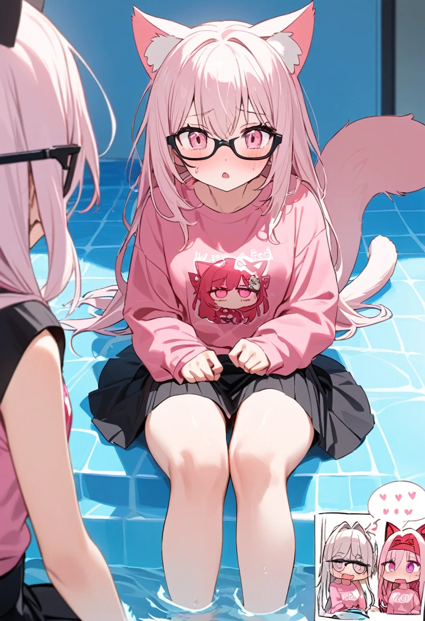 The twin sisters have white pink hair, cat ears, A good, my face is super red, black glasses, pink eyes a big pink sweatshirt, a black skirt a cat tail, a woman. very shy sitting in a pool her feet are inside