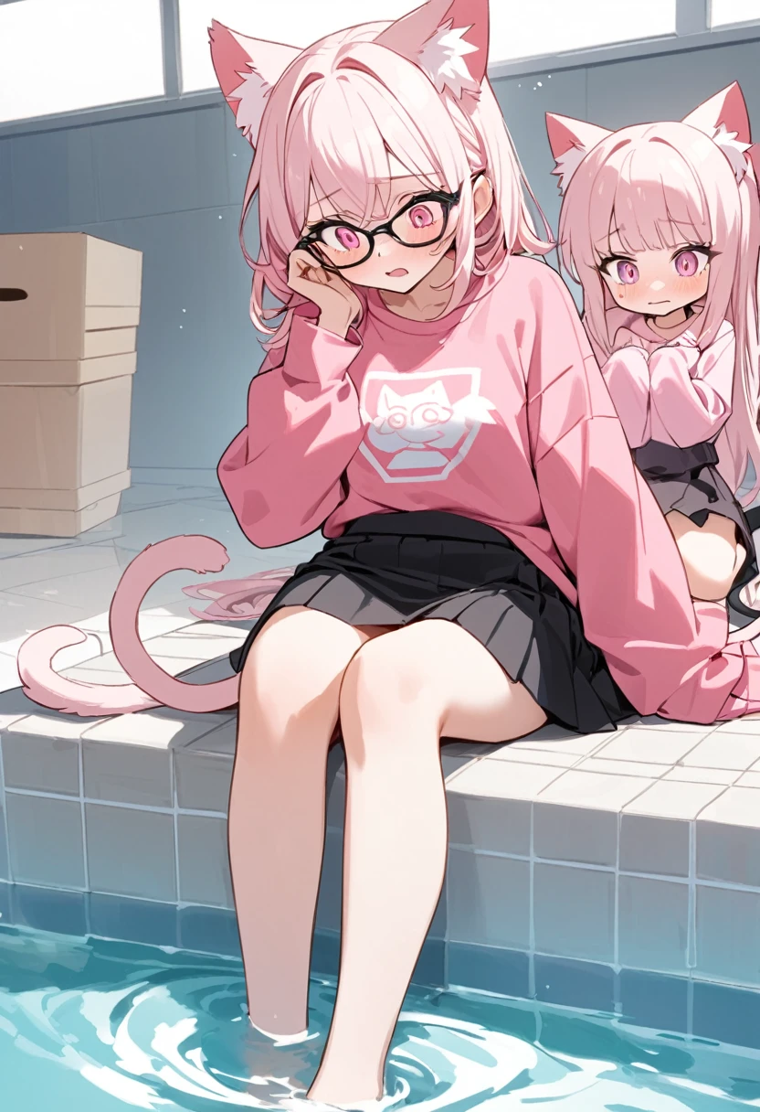 The twin sisters have white pink hair, cat ears, A good, my face is super red, black glasses, pink eyes a big pink sweatshirt, a black skirt a cat tail, a woman. very shy sitting in a pool her feet are inside