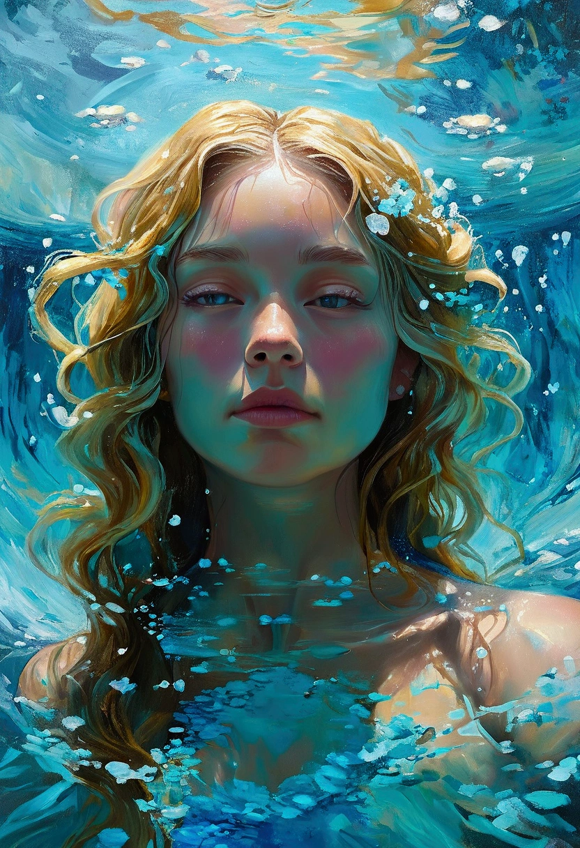 Create a detailed and expressive painting of a woman with long blonde hair in the foreground, representing the element of water. She should be centred in the painting, with her head slightly tilted back and her expression completely serene. Her shoulders should be visible, framing her face, while the rest of her body is outside the frame. The background should represent a watery halo around her head, composed of vibrant shades of turquoise and dark blue. This halo should create a serene, flowing effect, blending harmoniously with the woman's hair to convey movement and lightness. Include elements characteristic of water, whether flora or fauna. Use soft lighting to highlight the contours of her face and the texture of her hair, creating a subtle contrast with the aquatic background. Add details such as fish, sea life or marine flora. The artistic style should focus on intricate details and ethereal elements, ensuring a composition that feels divine and evocative of the aquatic element. Keep the tones cool and the textures fine to accurately capture the essence of the aquatic element.