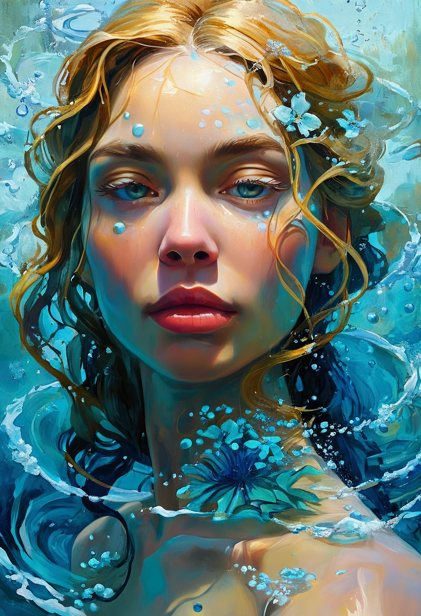 Create a detailed and expressive painting of a woman with long blonde hair in the foreground, representing the element of water. She should be centred in the painting, with her head slightly tilted back and her expression completely serene. Her shoulders should be visible, framing her face, while the rest of her body is outside the frame. The background should represent a watery halo around her head, composed of vibrant shades of turquoise and dark blue. This halo should create a serene, flowing effect, blending harmoniously with the woman's hair to convey movement and lightness. Include elements characteristic of water, whether flora or fauna. Use soft lighting to highlight the contours of her face and the texture of her hair, creating a subtle contrast with the aquatic background. Add details such as fish, sea life or marine flora. The artistic style should focus on intricate details and ethereal elements, ensuring a composition that feels divine and evocative of the aquatic element. Keep the tones cool and the textures fine to accurately capture the essence of the aquatic element.