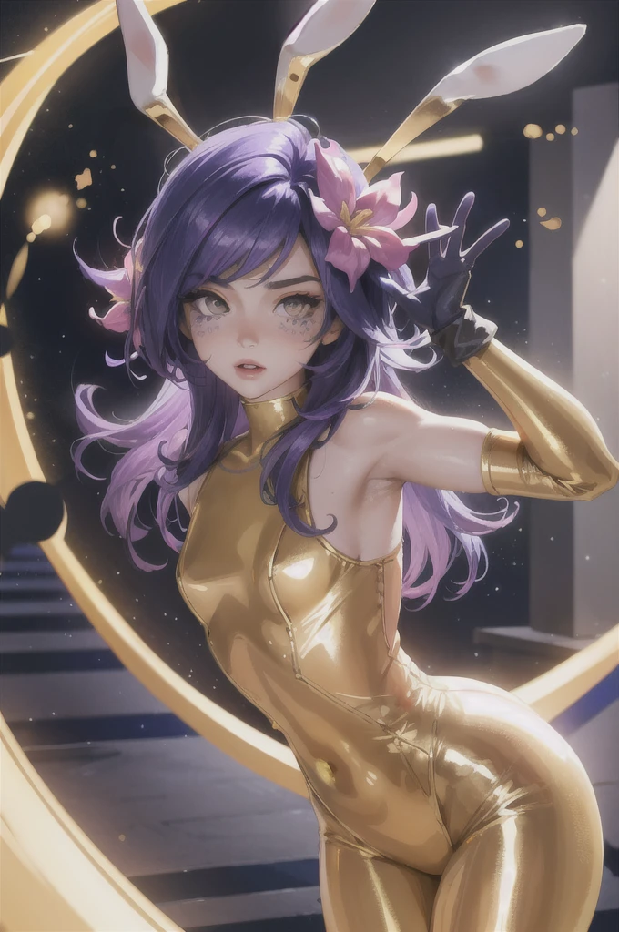 ((Cinematic light, Best quality, 8k, Masterpiece :1.3)), 1girl, Beautiful woman with thin abs :1.4, (purple hair, small breasts :1.3), rope panties, bra :1.2, hopefully falling, seductive open lips, sofa, ultra-detailed face, detailed eyes, double eyelidwork, best quality, Neeko, hair ornaments, hair flower, body paint, calango tail, trying to be sexy,(( golden bunnysuit)),  showing sweaty armpits, steamy, teasing, golden see-through pantyhose, tight, undersized clothes