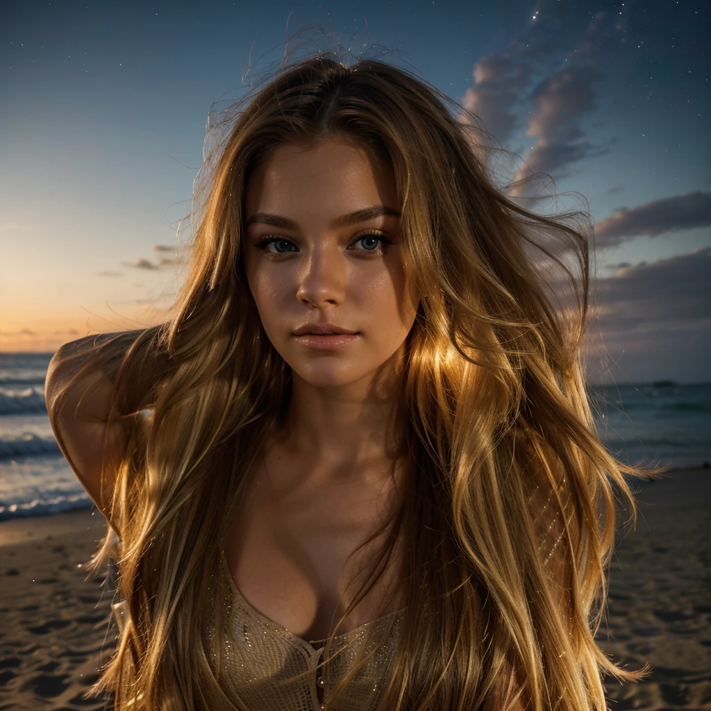 Vibrant, high-resolution portrait of a woman with stunning long blonde hair, styled straight and falling well behind her shoulders. She has brown eyes. She is on the beach at night. With one. super realistic