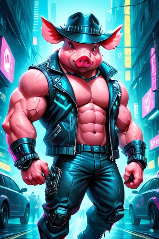 ultra-detailed digital painting of a muscular anthro pig with a stylish hat, holding it in a cyberpunk neon grid realm, hyper-realistic, dreamlike vibes, madpunk style