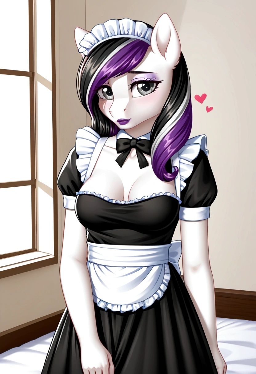 My little pony, (anthro), ((maid uniform)), ((two-tone hair black with white)), pale white body, gray eyes, medium breasts, purple lips, perfect lines, heart cutie mark, beautiful quality, more details, room, shy