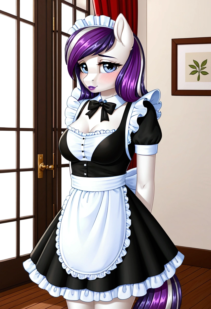 My little pony, (anthro), ((maid uniform)), ((two-tone hair black with white)), pale white body, gray eyes, medium breasts, purple lips, perfect lines, heart cutie mark, beautiful quality, more details, room, shy