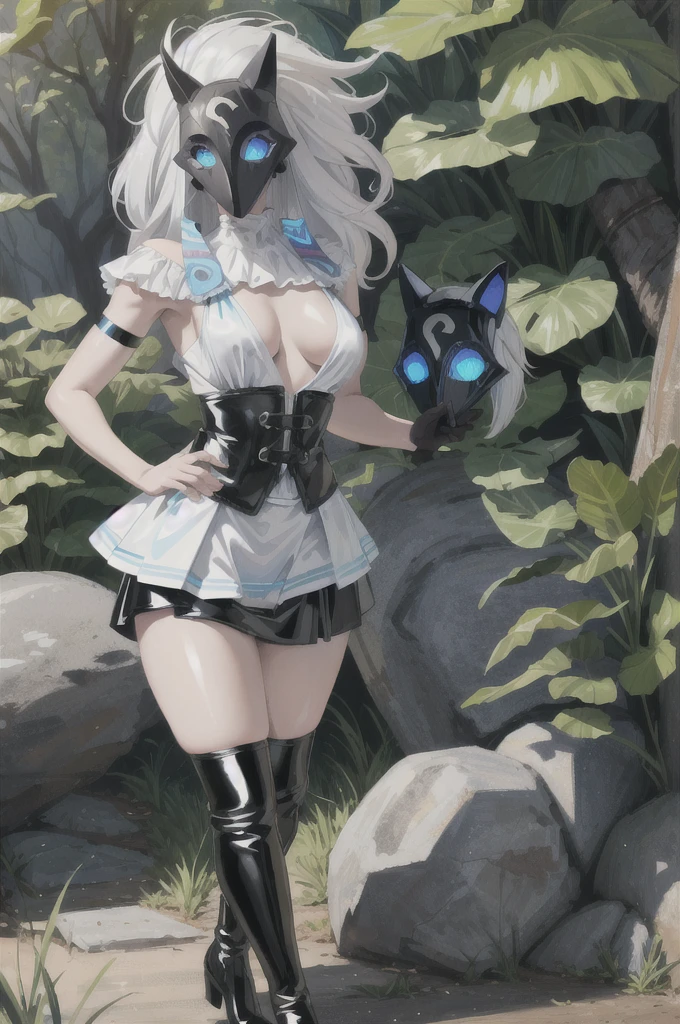 ((Cinematic light, Best quality, 8k, Masterpiece :1.3)), 1girl, Beautiful woman, (white hair, large breasts:1.3), rope panties, bra :1.2, hopefully falling, seductive open lips,1girl, standing, full body, hairy female, body hair, (white hair, white skin:1.1), chest tuft, digitigrade, white hair, long hair, black mask, (blue eyes, bright eyes:1.4), small breasts, BREAK nature, jungle, magical forest, fantasy forest, grass, purple leaves, plants, bright flowers, rocks, day, sexy, showing off, showing armpits, ((nsfw)), ((sexual teasing)), ((((tight latex skirt))), (((mask covering part of the face))), ((thin waist)), skinny, bodycon, nipslip, pantyshot