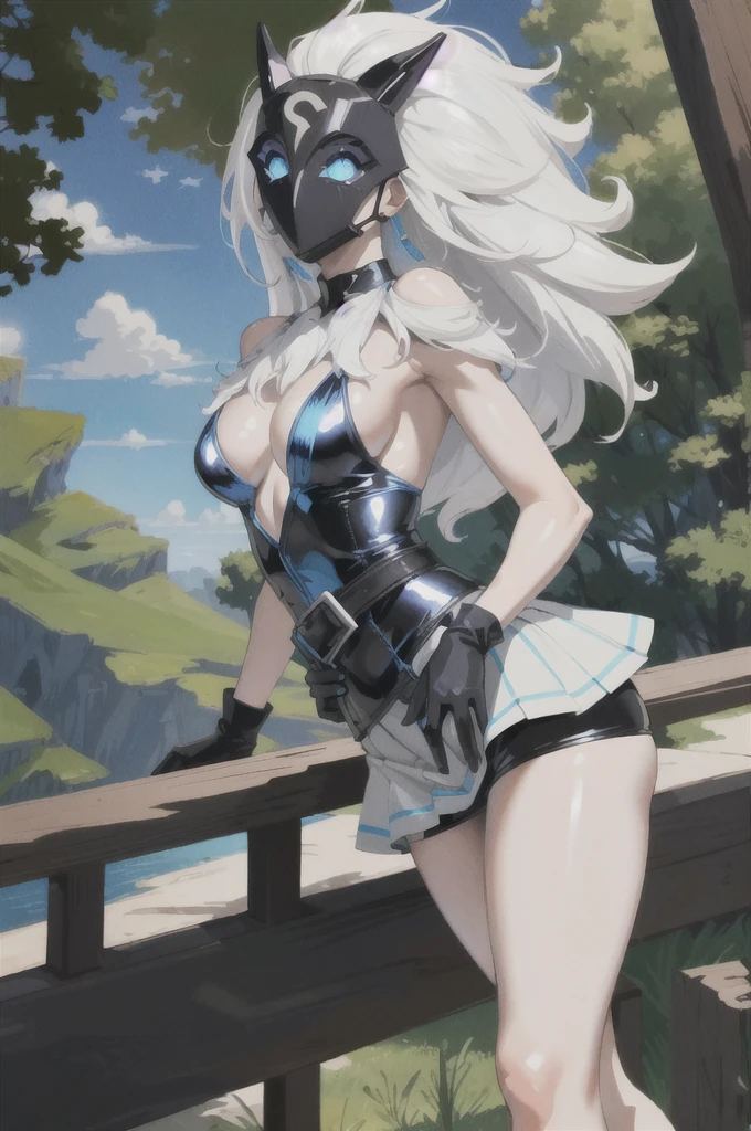 ((Cinematic light, Best quality, 8k, Masterpiece :1.3)), 1girl, Beautiful woman, (white hair, large breasts:1.3), rope panties, bra :1.2, hopefully falling, seductive open lips,1girl, standing, full body, hairy female, body hair, (white hair, white skin:1.1), chest tuft, digitigrade, white hair, long hair, black mask, (blue eyes, bright eyes:1.4), small breasts, BREAK nature, jungle, magical forest, fantasy forest, grass, purple leaves, plants, bright flowers, rocks, day, sexy, showing off, showing armpits, ((nsfw)), ((sexual teasing)), ((((tight latex skirt))), (((mask covering part of the face))), ((thin waist)), skinny, bodycon, nipslip, pantyshot
