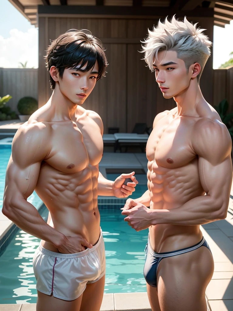 A 26-year-old handsome and cute korean man stands at 5'10" with a slim yet muscular and athletic build, his pink stylish curly taper cut hair, his pink iris gleaming in the warm light. A 27-year-old handsome, masculine man stands at 5'10" with a slim yet muscular and athletic build, his stylish grey mullet hair, his grey iris gleaming in the warm light. They are shirtless, wearing fitted short sheer white microbriefs shows a subtle pattern with well defined outline and stylish design. They are taking a dip in the sparkling crystal clear waters in a pool. The gentle sunbeam illuminate their body, creating a sense of relaxation and tranquility.