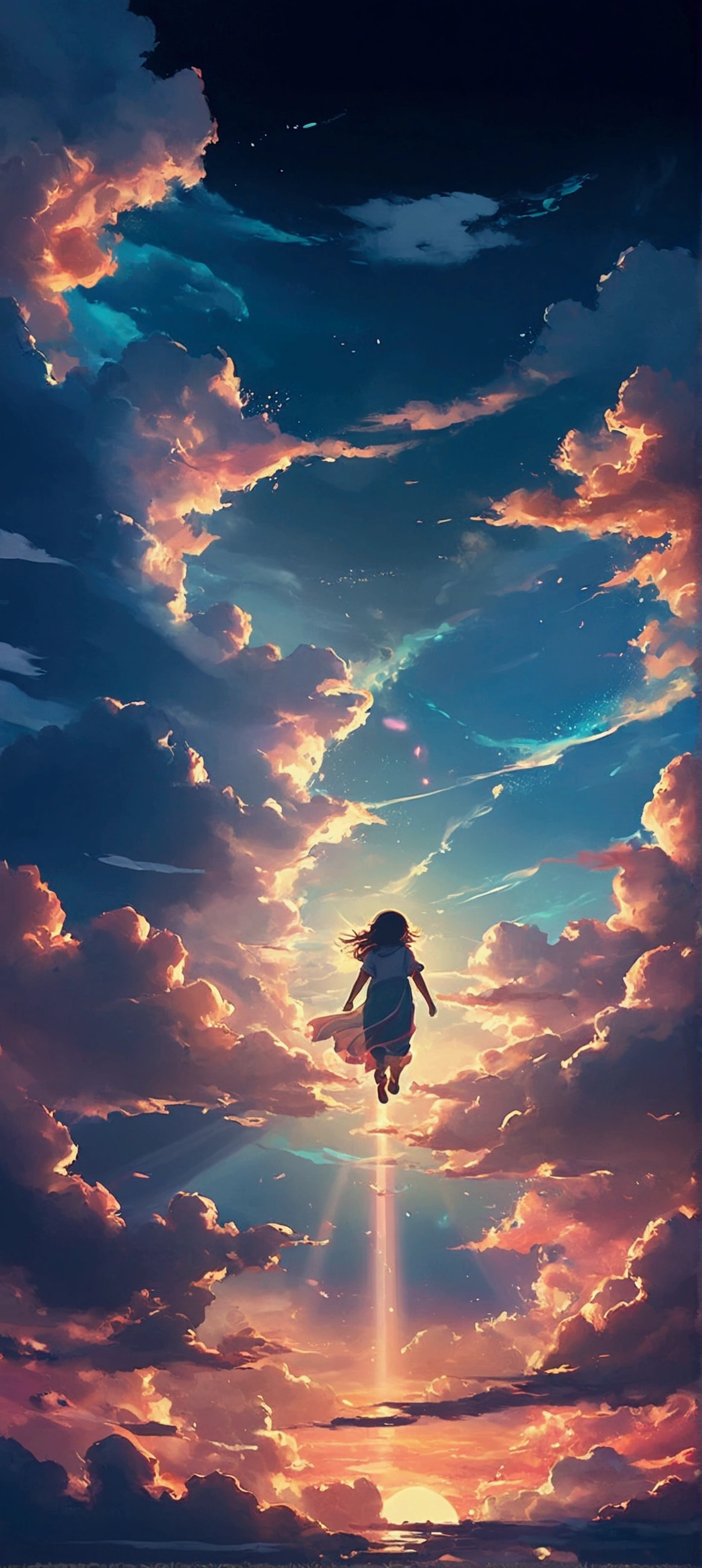 "A lone figure with short hair floats upward through a breathtaking sky filled with vibrant, fluffy clouds. The clouds are illuminated with stunning hues of orange, pink, and blue, creating a dreamlike and ethereal atmosphere. The sky features deep, rich blues transitioning to lighter shades near the light source. The path of light breaking through the clouds casts a golden glow, highlighting the figure's silhouette. The overall mood is serene and wondrous, capturing the essence of ascending to a magical, otherworldly realm. The colors and shades are vibrant and richly detailed, with the light interplay creating a mesmerizing, heavenly effect."