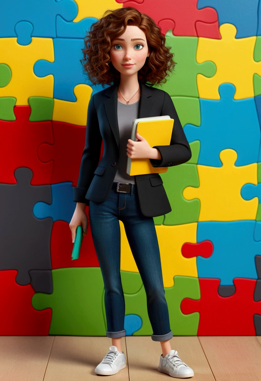 3D PIXAR STYLE POSTER. woman with fair skin, BROWN curly HAIR with lighter highlights , cerulean colored eyes, black blazer, black jeans pants, gray shirt, White sneakers, notebook in hand, BACKGROUND WITH RED PUZZLE, cerulean, green and yellow.