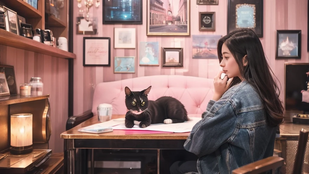 Small face, pretty 20 year old girl listening to music in a corner of a pink room, painting, detailed work, delicate, sense of depth, large room, cluttered, immersed, colorful, urban, city center, cutting edge, cat, black hair 


