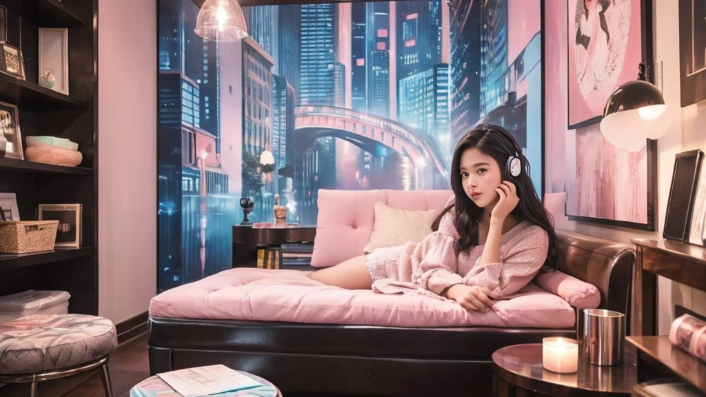 Small face, pretty 20 year old girl listening to music in a corner of a pink room, painting, detailed work, delicate, sense of depth, large room, cluttered, immersed, colorful, urban, city center, cutting edge, cat, black hair 


