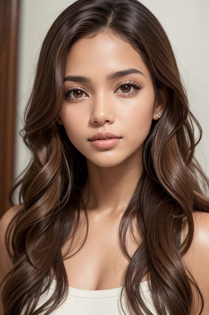 Brazilian woman with tanned skin, straight wavy hair, brown eyes and fine features