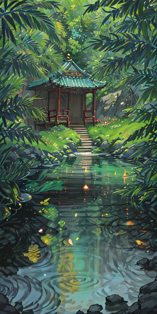 Chinese ancient times, spring, jungle, lake, cave, waterfall, tree, meadow, rock, deer, hot spring, water vapor, (illustration: 1.0), epic composition, realistic lighting, HD details, masterpiece, best quality, (very detailed CG unified 8k wallpaper)