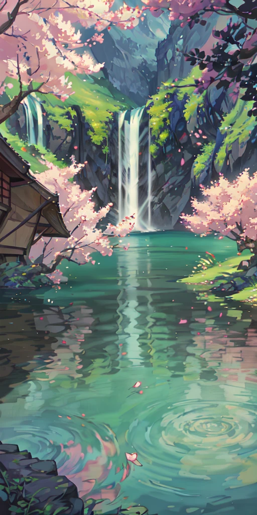 Chinese ancient times, spring, jungle, lake, cave, waterfall, tree, meadow, rock, deer, hot spring, water vapor, (illustration: 1.0), epic composition, realistic lighting, HD details, masterpiece, best quality, (very detailed CG unified 8k wallpaper)