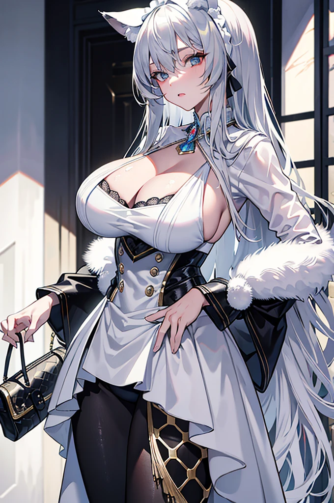 best qualtiy,tmasterpiece,The is very detailed,4K,Gray hair and shallow eyes,Drag cool expressions,Wolf ears,Erect scar on the left eye,British style,1girl,Absolutely beautiful, huge breasts, white costume, animal ear Scrunchie